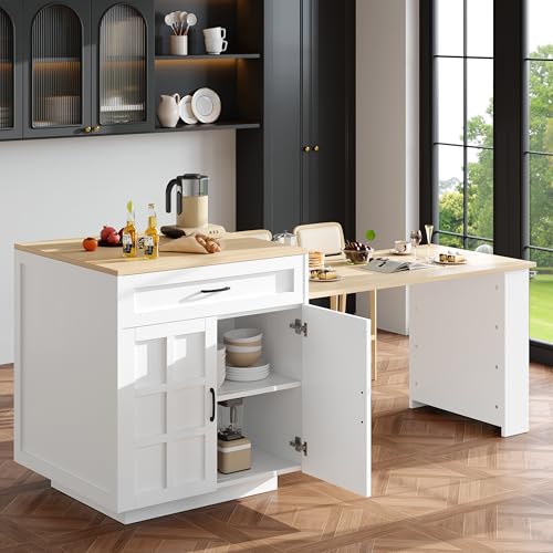 FammyLoft Mesa de bar plegable con dos cajones, mesa de bar cocina con espacio de almacenamiento, moderna mesa de bar móvil, mesa alta, isla de cocina, mostrador de cocina, mesa alta (133-202 x 70 x