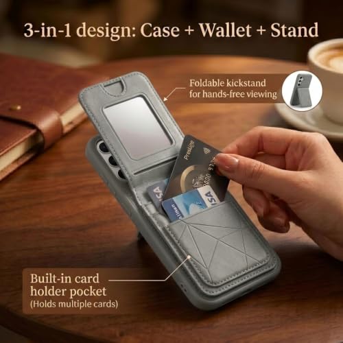 Image of amazon basics Premium Vegan Leather Back Cover with Card Holder and Integrated Mobile Stand for Samsung Galaxy S24FE 5G - Slim Shockproof Wallet Case with Geometric Stitching [Gray]