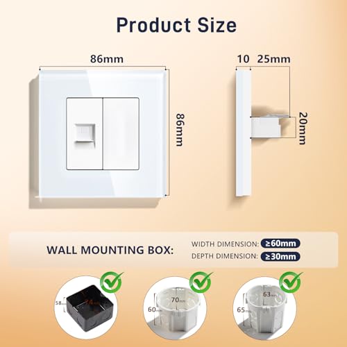 BSEED Gniazdko ścienne EU Standard 1/2 PC RJ45-Cat5 Ethernet gniazdo sieciowe, gniazdo sieciowe, gniazdo LAN podtynkowe z 1/2 pustym gniazdkiem, płyta ze szkła kryształowego, kolor biały, 86 mm
