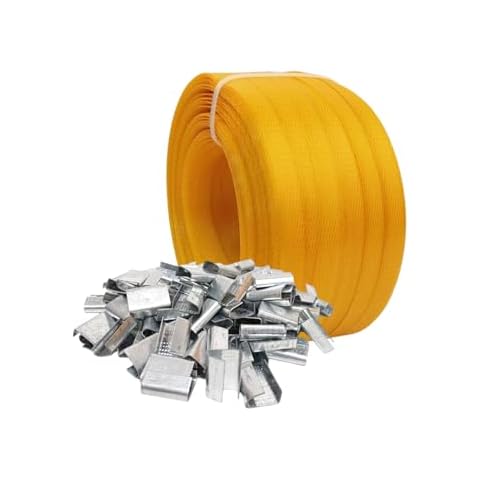 Poly Strap, Polypropylene Strapping, 1/2" Wide x 4000" Length Poly Strapping, 600 lbs Break Strength, 100 pcs 5/8" Open Metal Clips for Packaging and Pallet Strapping Banding Cover