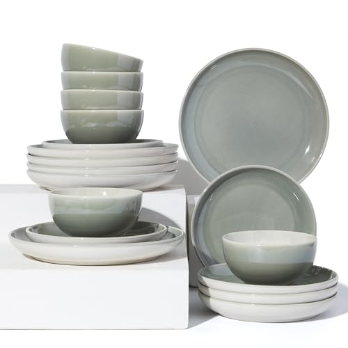 Image of Pokini Stoneware Dinnerware Sets for 6, Microwave Safe Plate and Bowl Set, Easy to Clean & Durable Dishes Sets for Small to Medium Families, Gray Green