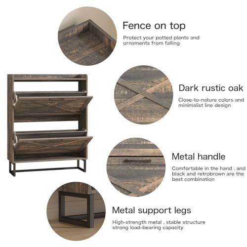 Maupvit Shoe Storage Cabinet With 2 Flip Drawers, Freestanding Organizer With Metal Legs For Entryway, Narrow Shoe Rack Cabinet, Dark Rustic Oak thumb #3
