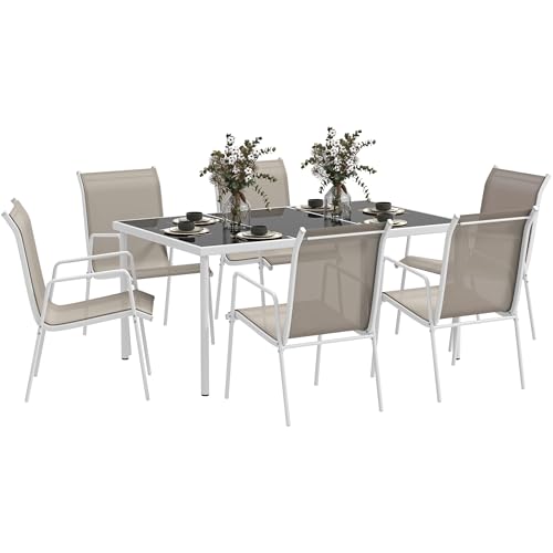 Outsunny Conjunto de Comedor de Exterior Juego de Comedor de Jardín de 7 Piezas con 1 Mesa 6 Sillas Apilables y Marco de Acero para Terraza Patio Blanco y Gris