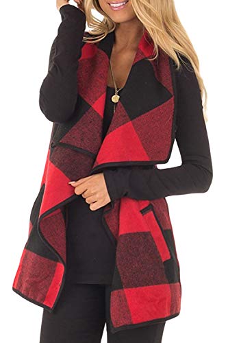 Yacun Women Vest Open Front Buffalo Plaid Sleeveless Cardigan Shawl Coat Red XXL