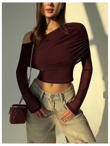 Image of SweatyRocks Women's Sheer Mesh Off Shoulder Tops Long Sleeve Ruched Fitted Crop Tops Night Out Tees