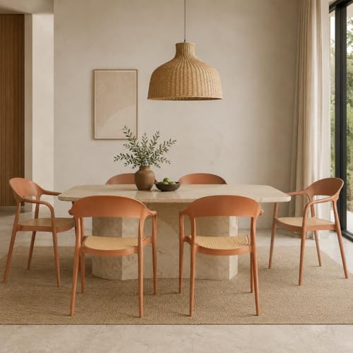 Image of Rattan Style Outdoor Chair | Set of 6 Brown Plastic Arm Chair for Garden, Balcony, Patio & Cafe | Lightweight Weather Resistant Seating | 3 Year Manufacturing Warranty
