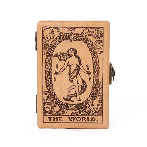 Wood Tarot Box - Altar Box - Wooden Tarot Card Deck Box - Wood Box for Sacred Witchcraft Tools, Crystals, Tarot, Oracle Deck Wooden Holder - Witchy Engraved Wooden Box - Tarot Image Design - Beechwood Box