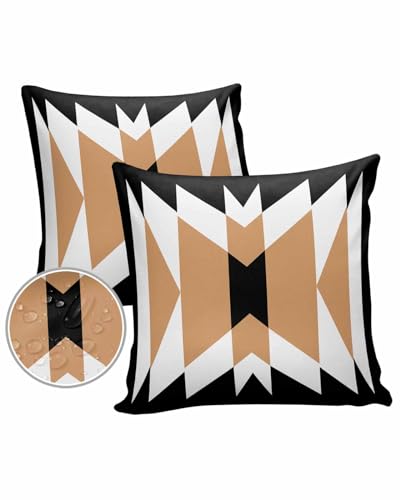 Black Brown White Outdoor Pillow Cover 16x16 Inch Cushion Sham Case,Waterproof Decorative Square Throw Pillowcase for Outside Garden Patio Porch Couch Chair Tent Southwester Abstract Geometric Tribal