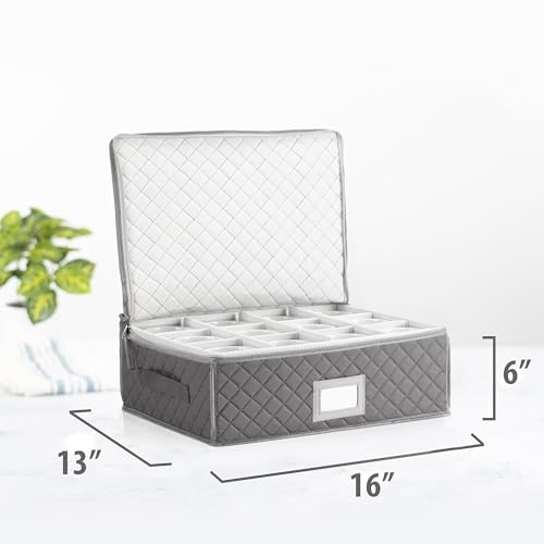 Stack Store Plus More China Cup Storage Chest - Quilted Fabric Container in Gray Measuring 16" x 13" x 6"H - Perfect Storage Case for Coffee Mugs - Tea Cups - Mason Jars - Glassware - Thumbnail 2