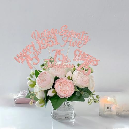Image of 15 PCS 75th Birthday Centerpiece Sticks Seventy Five Happy 75th Vintage 1951 Table Flower Centerpieces Sticks Cheers to 75 Fabulous Floral Decorations for 75th Birthday Party Supplies Rose Gold