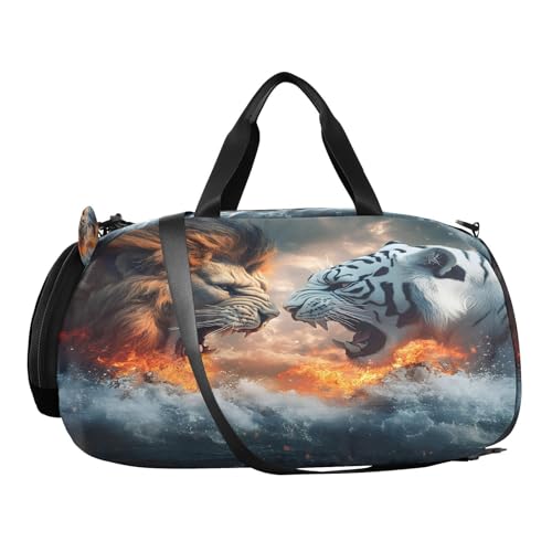 Gym Travel Duffle Bag for Boys Girls Lion and Tiger Sports Dance Bag with Shoe Compartment & Wet Pocket Football Kids Travel Bag Teens Sleepover Carry2