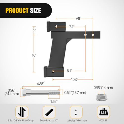 Image of Nilight Trailer Hitch Extension Riser for 2 Inch Receiver with 2 and 10Inch Rise or Drop with Bolt Nut Clip 10,000 lbs Capacity Adjustable Extend 8 inch 10 inch Length Black Coated for Class I-VI Receivers