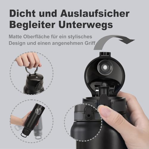UZSPACE Edelstahl Trinkflasche 1l (970ml), Isolierte Thermosflasche mit 1-Klick-Öffnung, 100% Auslaufsicher, Sport Wasserflasche für Wandern Sport Fitness Gym Outdoor, Schwarz