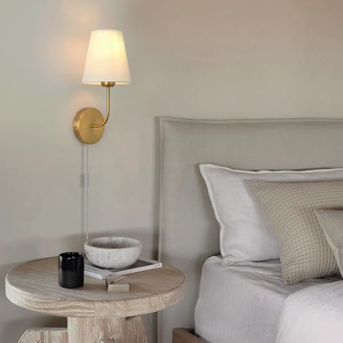 Image of Plug in Wall Sconces Set of 2, Gold Finish with White Fabric Shades, Wall Lamp with On Off Switch, Farmhouse Lighting for Bedroom Bedside Living Room Fireplace Hallway Bathroom