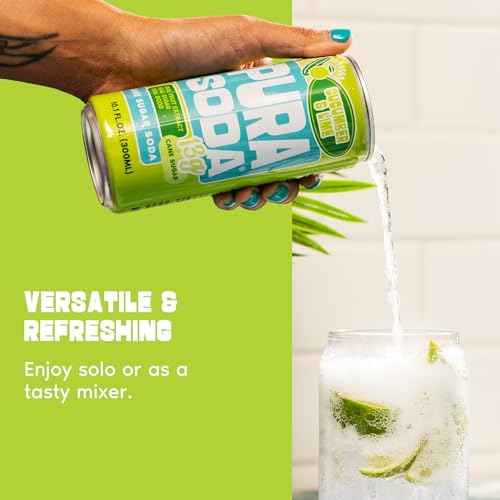 Image of PuraSoda Cucumber & Lime - 12g Pure Cane Sugar Soda, 10 Fl Oz, Pack of 12 | Real Fruit Extract, Non-Gmo Vegan, No Stevia Or Artificial Sweeteners, 13g Cane Sugar, 10 Fl Oz Cans