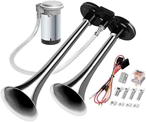 CARFKA Air Horn for Truck Boats Car, 150DB Super Loud Train Horns Kit with 120 PSI Air Compressor (silver, Dual)
