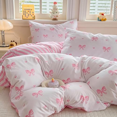 Freyamy Bettwäsche 220x240 Rosa Schleifen Herzen Gestreifte Bettwäsche Set – Ansicht 3