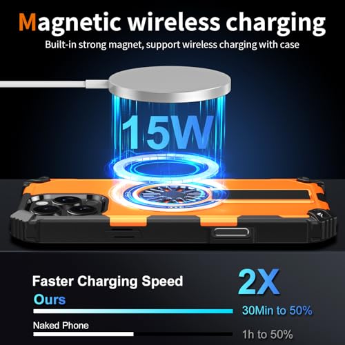 Coque iPhone 16 Pro Max antichoc orange avec support métal intégré et MagSafe