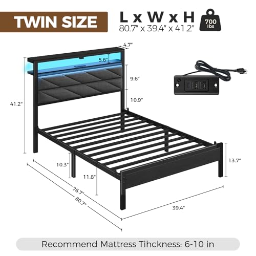 Image of Seventable Twin Bed Frame with Charging Station & LED Lights, Upholstered Headboard with 2-Tier Storage Shelves, Metal Platform with Under Bed Storage, No Box Spring Needed, Easy Assembly, Dark Grey
