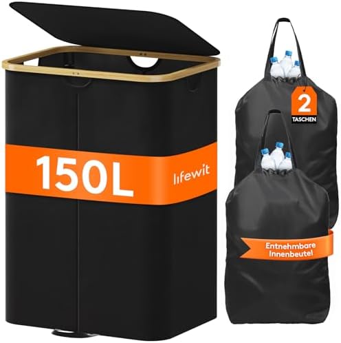 Lifewit 150L Pfandflaschen Sammelbehälter mit 2 Fächern und Deckel, Schwarz | Großer Leergut Sammelbehälter und Flaschensammler mit Deckel und 2 herausnehmbaren Taschen für Küche u