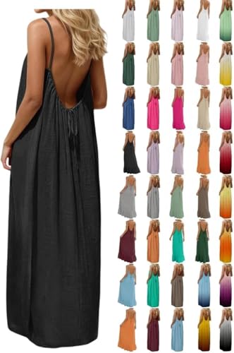 Robe Boheme Chic Caraco Dos Nu sans Manches pour Femme Robes Maxi d'été pour la plage Robe Casual Longue Et Fluide à Bretelles Spaghetti Dress Ample d’intérieur Elegant Couleur Unie Robes de Soirée