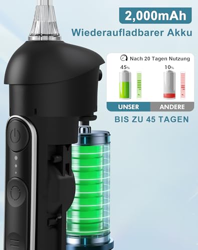 Munddusche Kabellos, Water Flosser 5 Modi 8 Stufen & 3 Intensitäten 5 Düsen, 300ML Wassertank Mund Reiniger Wasser Zähne Flosser IPX7 Wasserdicht Munddusche Testsieger 2025 für Reinigung auf Reisen – Bild 6