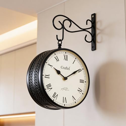 Image of CRAFTEL Double Sided Station Wall Clock Powder Coated Finish | Both Side Roman Numerals | Aluminum Matte-Finish Dial Brass Body | Dial - 8 Inches, Matte Black | 365 Days Warranty