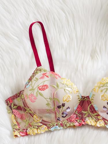Image of Sexy Floral Embroidered Flower Mesh Underwire Push Up Lingerie Set