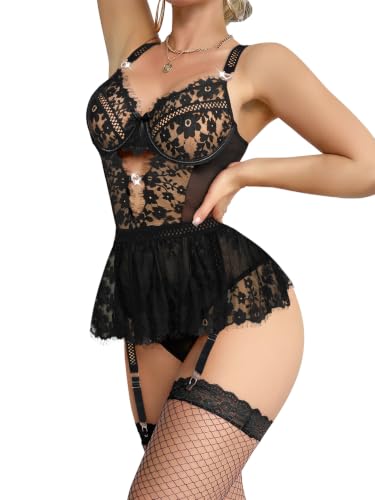 Image of Lilosy Sexy Lingerie Set 3 Piece Women Corset Bodysuit Skirt | Rhinestone Heart Stocking Garter Plus Size Underwire Mesh Sheer Lace Push Up Babydoll Halloween Christmas Valentine's Bridal