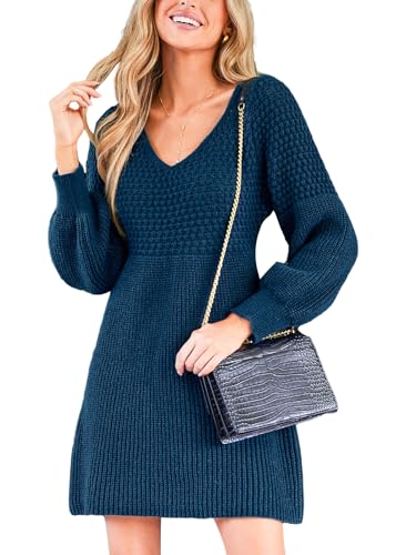 CUPSHE Damen Strickkleid Pullikleid V Ausschnitt Langarm Wabenmuster Feinstrick Pulloverkleid Knit Sweater Mini Dress Marineblau M