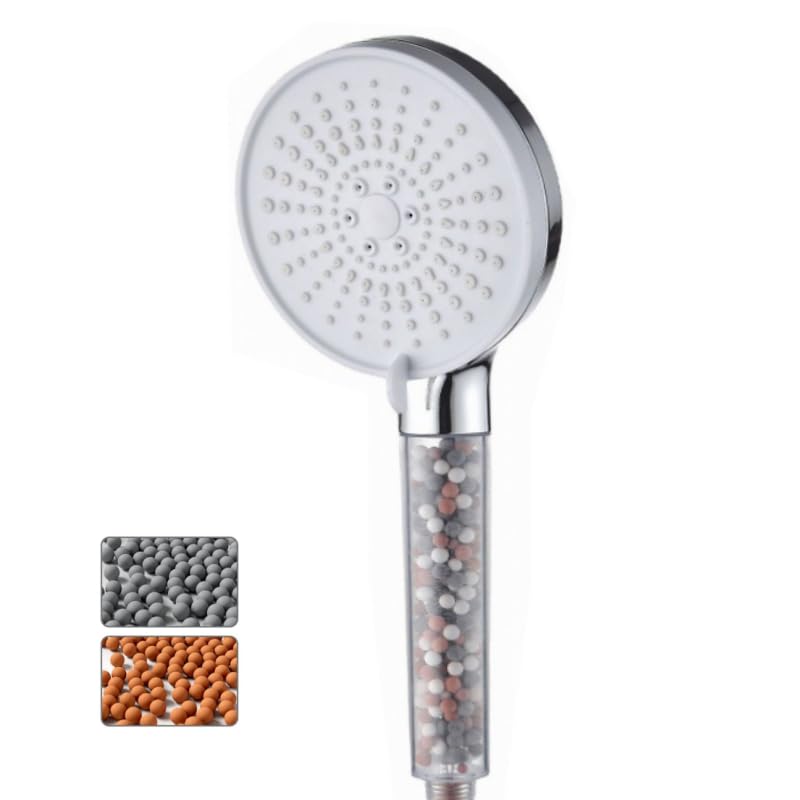 Shower Head Powerful Flow with Beads Filter Pressure Boosting Shower Head Spray with High Pressure Filter, 5 ModesWater Saving Bathing for Adults Children Pets Home and Gym Use（White）