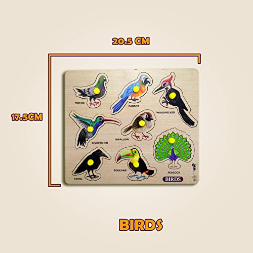 Image of Birds Wooden Puzzle for Kids Educational Interactive Montessori Learning Toy Colorful Wooden Bird Peg Puzzle for Toddlers & Preschoolers Early Cognitive Development Safe & Durable Playset
