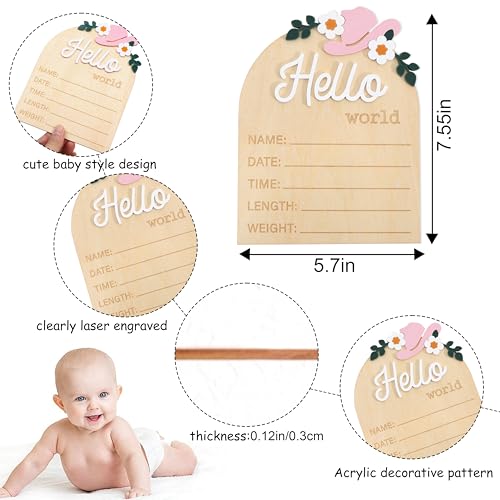 Image of Wooden inchHello World inch Baby Announcement Board - Newborn Birth Sign, Baby Shower Decor, Hospital Nursery Information Board, Baby Milestone Photo Prop, Gender Neutral Keepsake (Cowgirl Boot&Bow Western Cowbaby)