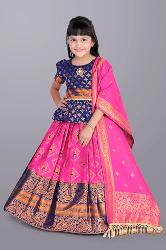 Image of Girls Pattu Pavadai Ready to Wear Lehenga, Blouse & Dupatta Set - Heavy Jacquard Fabric, Fully Stitched