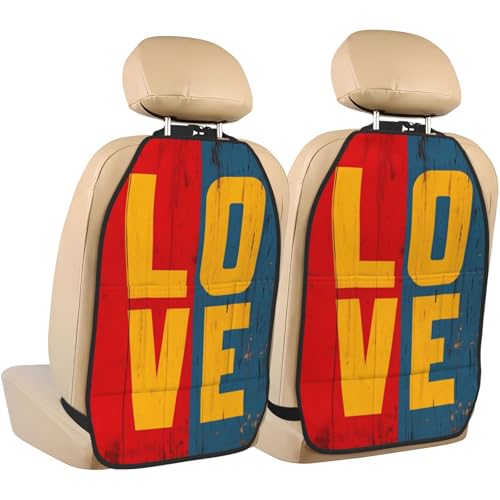 Love On Red and Blue Wood Car Seat Back Kick Protectors,2 Pack Kick Mats with Storage Pockets for Vehicles to Protect from Dirt Mud Scratches