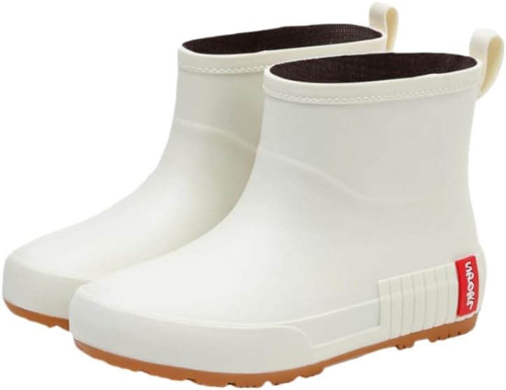 Women's fashionable short boots with flat round toe and PVC upper. Comfortable and slip-resistant. Suitable for outdoor and kitchen work.