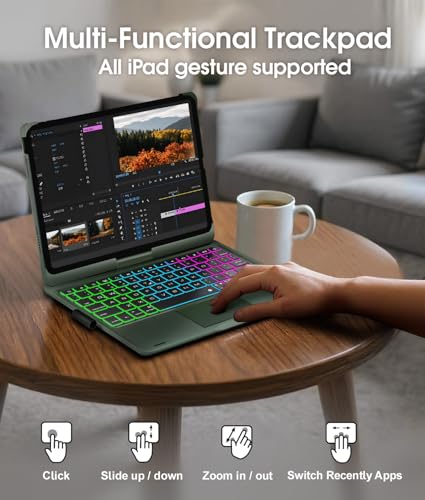 Image of Baisla for iPad (A16) 11th /10th Gen Case with Keyboard,360 Rotating,Trackpad Keyboard for iPad Air 11 (M4 /M3 /M2)&iPad Air 5th /4th /Pro 11 4th /3rd /2nd /1st,Rainbow Backlit with Pencil Holder-Dark Green