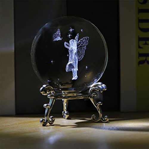 Vskikris 3D Crystal Ball With Fairy And Butterfly Figurines Glass Balls With Stand 3D Crystal Sphere Paperweight Gifts #TOP5