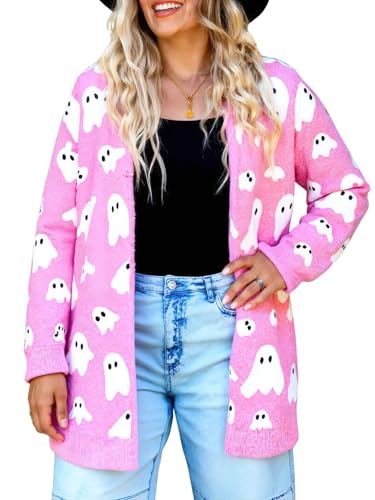 ebossy Women's Fall Fashion Ghost Print Open Front Long Cardigan Casual Furry Knit Long Sleeve Sweaters 2025 Winter Coats