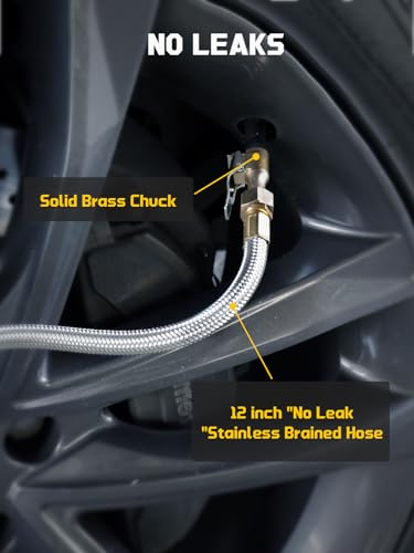 Image of Analog Tire Inflator Gauge with Steel Braided Hose, 100 PSI Mechanical Tire Pressure Gauge - 3-in-1 Inflate /Deflate /Measure, 2.6 inch Glow Dial, Air Chuck for Car, Truck, SUV, RV, Bike (with Case)