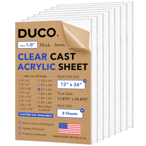 Duco 1/8" Clear Cast Acrylic Sheets, 12"x36" Plexiglass Sheets, 8 Pack