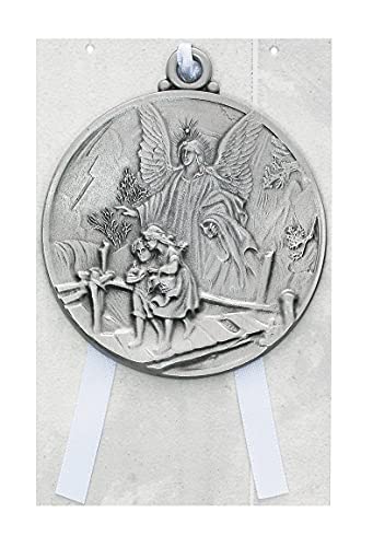 CatholicStore Guardian Angel Crib Medal with White Ribbon, Fine Pewter, Engravable Back, 2-1/2