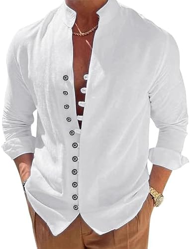 NANAMEEI Linnen overhemd heren lange mouwen zomer strandhemd mannen opstaande kraag hemd heren regular fit knoopsluiting vrijetijdshemden, Kaki, 3XL