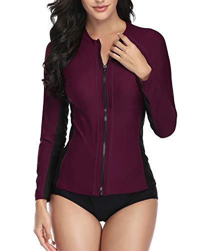 Daci Women Purple Rash Guard Zipper Long Sleeve Swimsuit Shirt Bathing Suit UPF 50 with Built in Bra XL