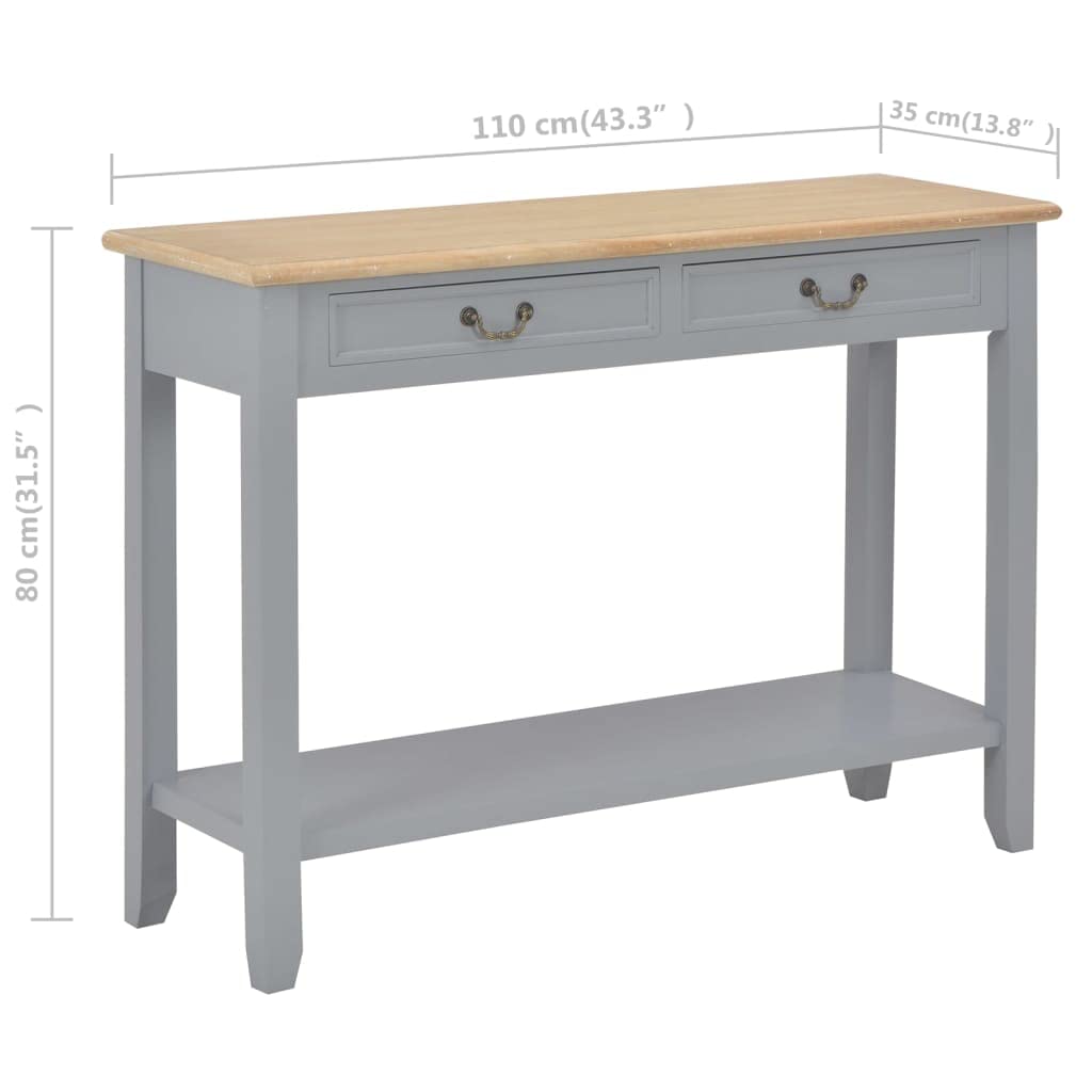 Mesa consola gris 110 x 35 x 80 cm de madera, mesa auxiliar con 2 cajones y estante de madera de pino y MDF, mesa de pasillo clásica para salón y entrada