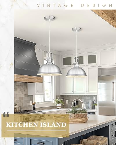 Image of 11.5 inch Brushed Nickel Pendant Light for Kitchen Island, Metal Shade | Industrial Vintage Hanging Light Fixture for Dining Room Entryway, Adjustable Height Cord, E26 Base, AD-2151-1PL-SN