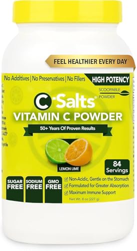 C-Salts Vitamin C Powder - 100% Pure Buffered Ascorbic Acid Powder for Daily Immune Support - Stomach-Friendly Organic Vegan Non-GMO Sugar-Free - 84 Servings 4000mg Per Serving - Lemon Lime, 8oz