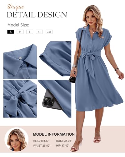 Image of ECOWISH Womens Casual Midi Dresses Solid V Neck Short Sleeve Button Shirt Belted Dress with Pockets for Spring Summer 2026