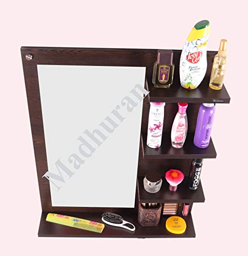 Image of Madhuran Blejaa Engineered Wood Wall Mounted Dressing Mirror with Storage Shelf | Rectangular Bathroom Wash Basin Vanity Mirror for Bedroom, Living Room & Makeup Area | 60 x 80 cm | Wenge