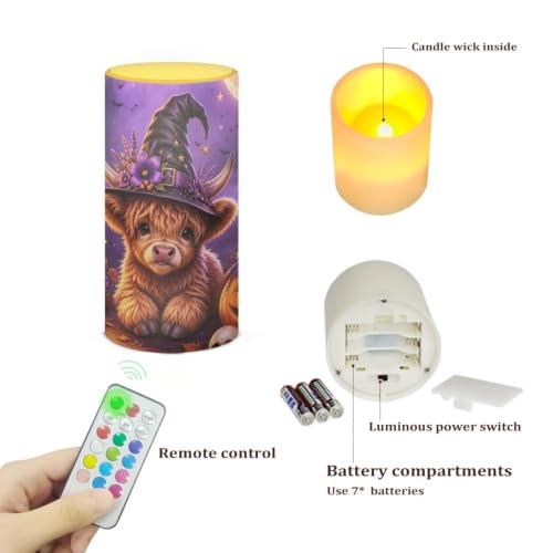 Image of Poceacles Flameless LED Candle Battery Powered Votive Lights Realistic Pillar Candle Decorative Tea Lights for Home Party Indoor Outdoor Decor, Wizard Hat Highland Cow Pumpkin Violet